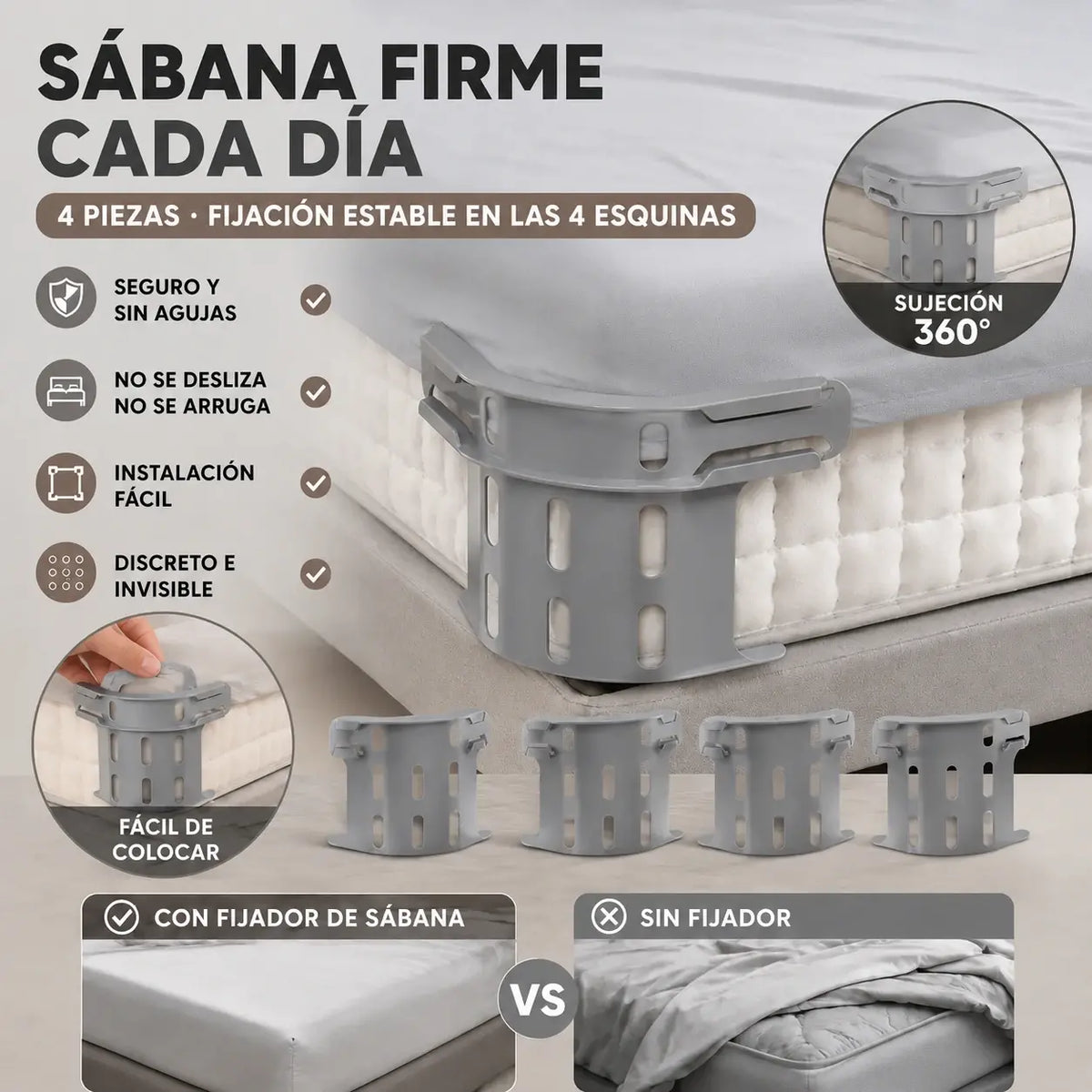 🛏️ Clips ocultos para las cuatro esquinas de la sábana – evitan que las sábanas se desplacen o resbalen, manteniéndolas lisas y bien sujetas.