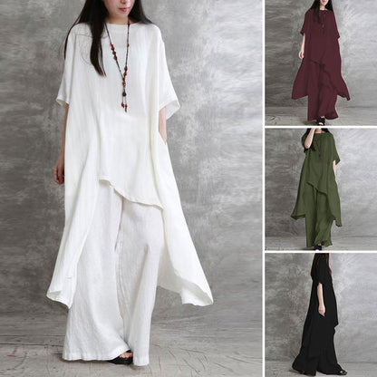 👚+👖【S-5XL】Ženski dvodijelni ležerni komplet širokog kroja od pamuka i lana, gornji dio s nepravilnim rubom.