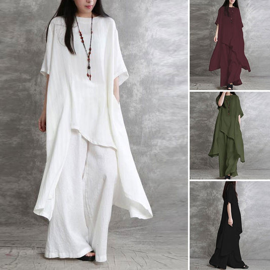 👚+👖【S-5XL】Ženski dvodijelni ležerni komplet širokog kroja od pamuka i lana, gornji dio s nepravilnim rubom.