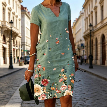 【S-3XL】🌺🦋Vestido de manga corta con cuello en V y estampado de mariposas y flores