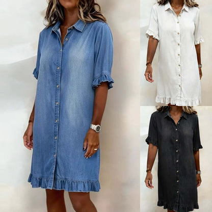 👗【Vremenski ograničena ponuda】Široka traper haljina-košulja s volanima