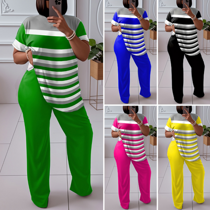 🌈😍【L-5XL】 Nowy damski, luźny, dwuczęściowy garnitur w paski (top + spodenki)