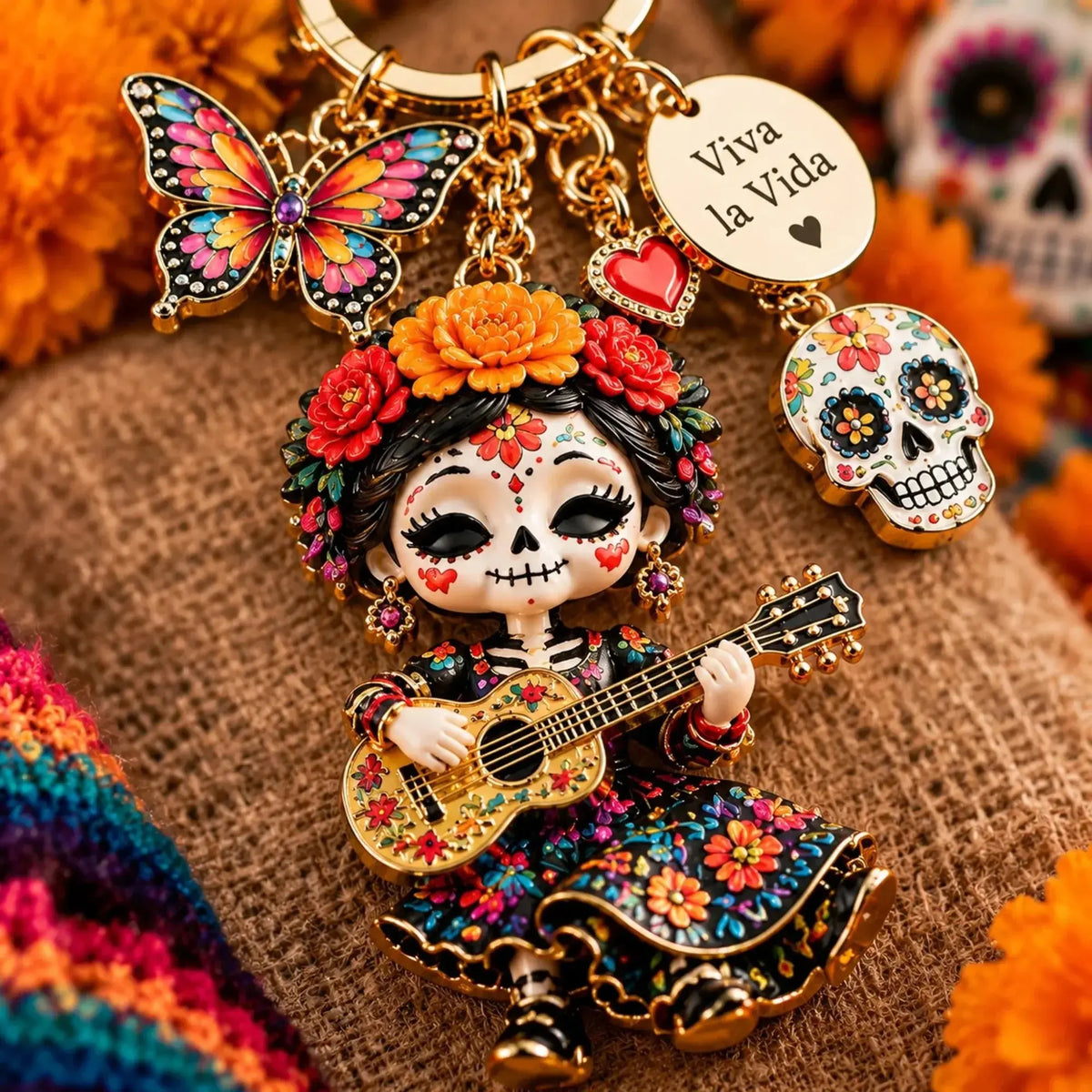 🎄💀 Día de Muertos Charm Keychain | 4 Colorful Floral & Skull-Inspired Styles