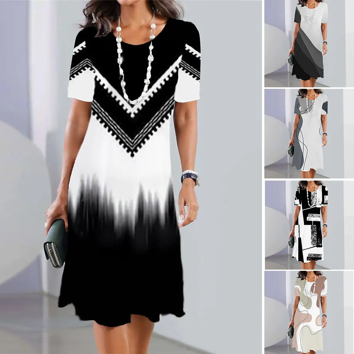 👗【XS-5XL】Vestido sencillo y elegante de mujer con cuello redondo y estampado digital