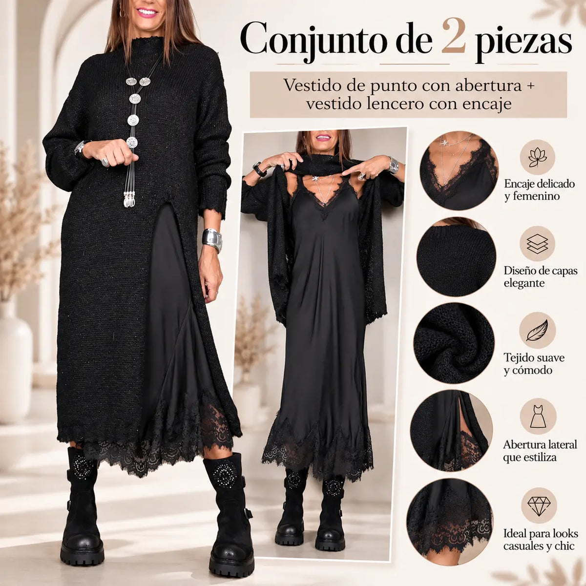 【XS-3XL】👗Nuevo conjunto de encaje, diseño con aberturas, estilo suéter, conjunto de dos piezas vestido-suéter con tirantes y abertura
