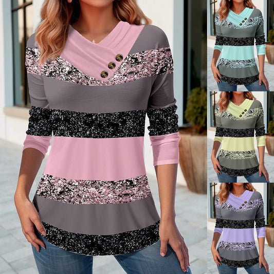 ✨50% OFF✨【S-5XL】Damska nowa bluzka jesienno-zimowa z dekoltem V i kontrastowymi kolorami