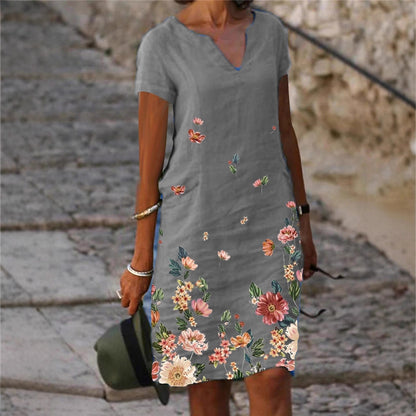 【S-3XL】🌺🦋Vestido de manga corta con cuello en V y estampado de mariposas y flores