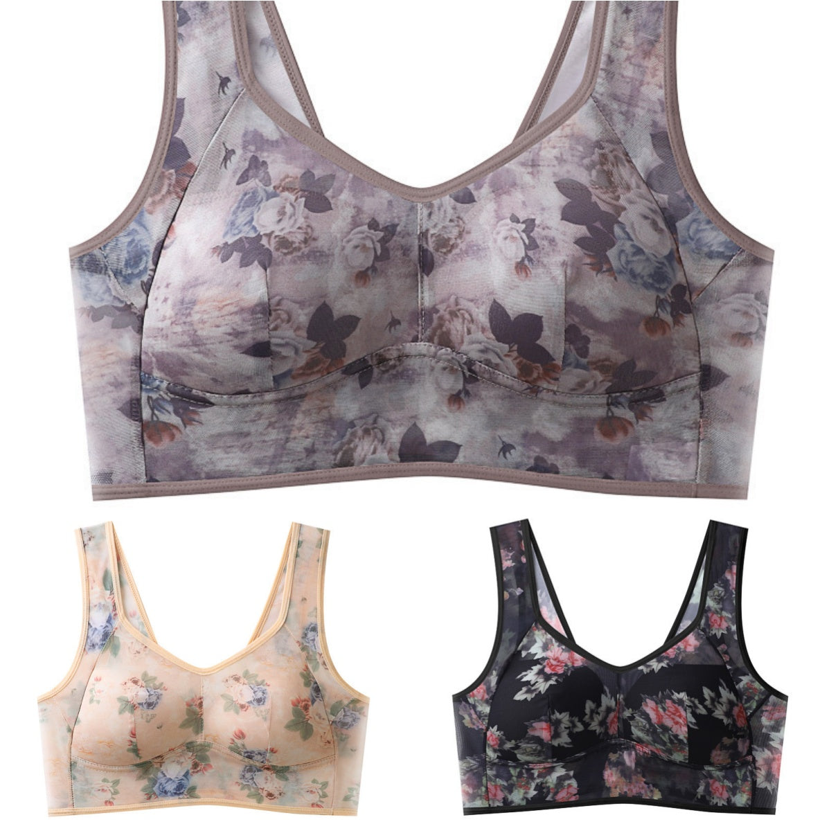 💥【Balení 3 ks】Plus Size podprsenka s potiskem a bez kostic, vysoce kvalitní push-up - lehká a prodyšná síťovina, pohodlná a stylová