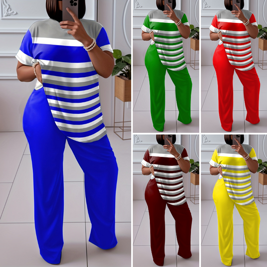 🌈😍【L-5XL】 Nowy damski, luźny, dwuczęściowy garnitur w paski (top + spodenki)