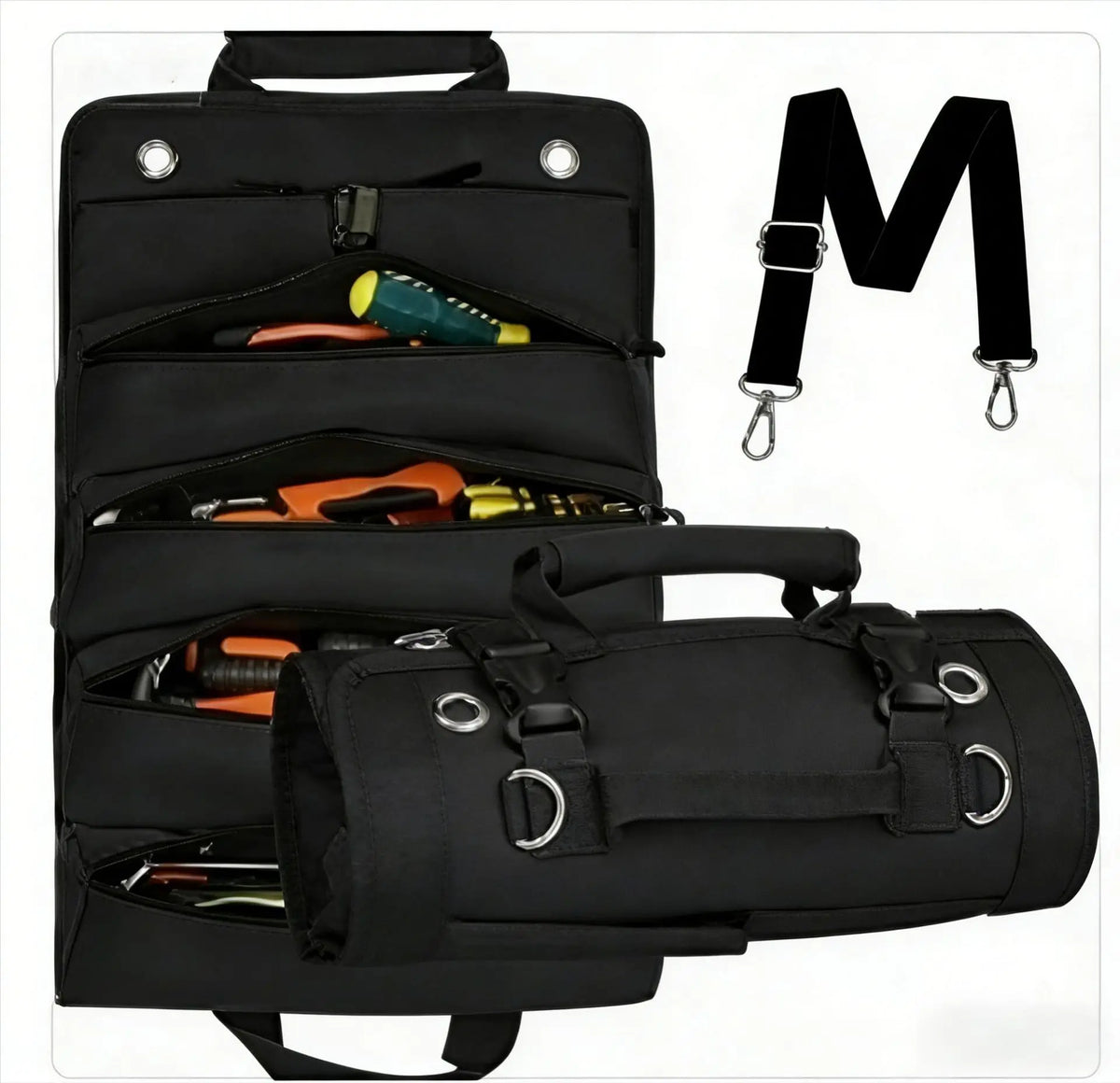 🛠️ Organizador Portaherramientas Enrollable de Tejido Oxford, 4 Compartimentos y 2 Bolsas Desmontables, Resistente para Electricistas, Mecánicos y Carpinteros 🚗