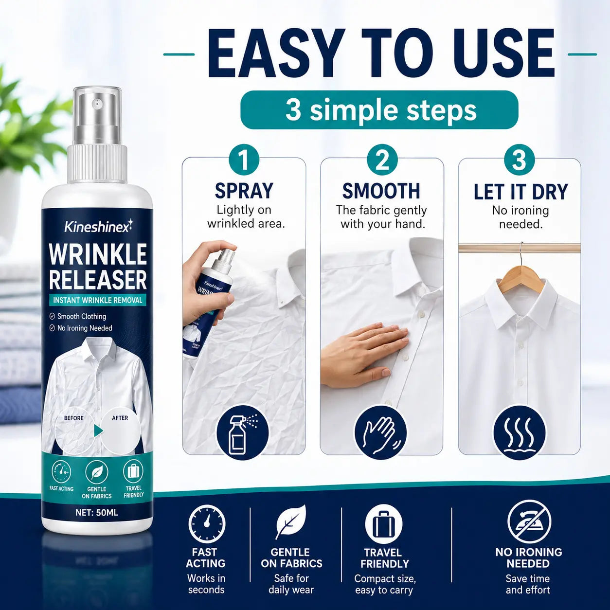 3 botellas por 28 euros👔Spray antiarrugas para ropa✨ Elimina las arrugas al instante: no necesita planchado, es ideal para viajar, no genera estática y deja la ropa fresca.