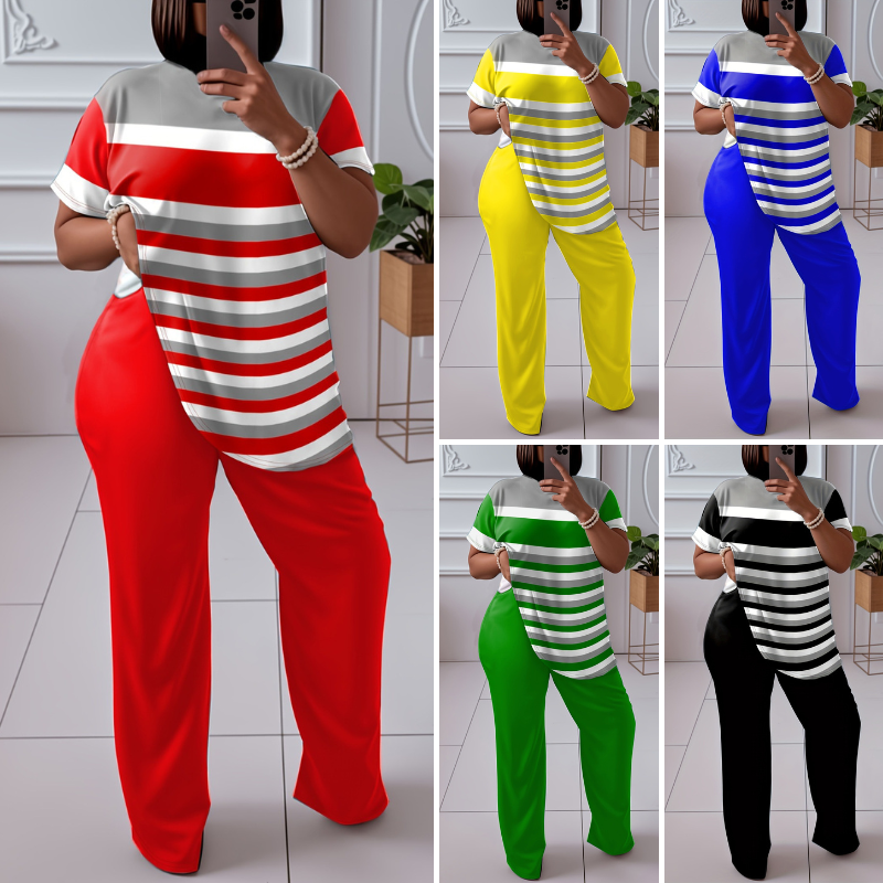🌈😍【L-5XL】 Nowy damski, luźny, dwuczęściowy garnitur w paski (top + spodenki)