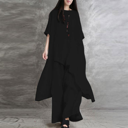 👚+👖【S-5XL】Ženski dvodijelni ležerni komplet širokog kroja od pamuka i lana, gornji dio s nepravilnim rubom.