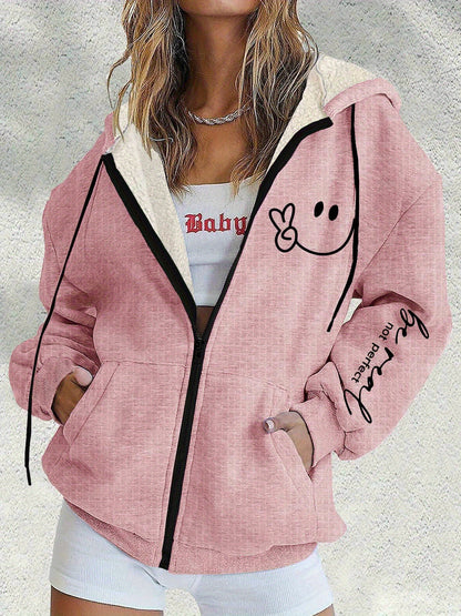 😀【S-5XL】Nova zimska ženska moderna jakna s kapuljačom i patentnim zatvaračem s printom nasmijanog lica