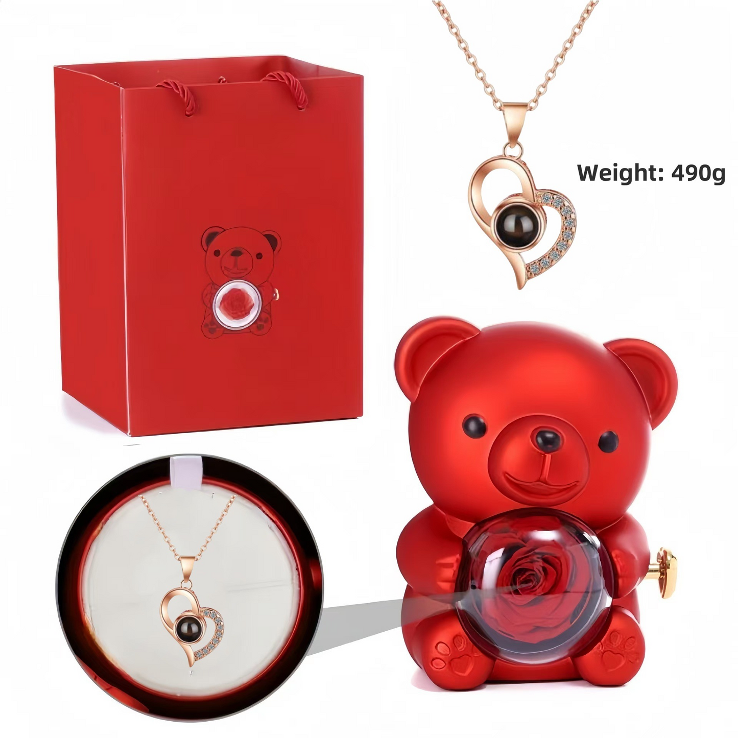 ✨Jemný náhrdelník ve tvaru srdce v rozkošné dárkové krabičce ve tvaru medvídka, ozdobený růžemi a krásně zabalený – romantický sváteční dárek ke Dni matek, svatbám, výročím a Valentýnu.