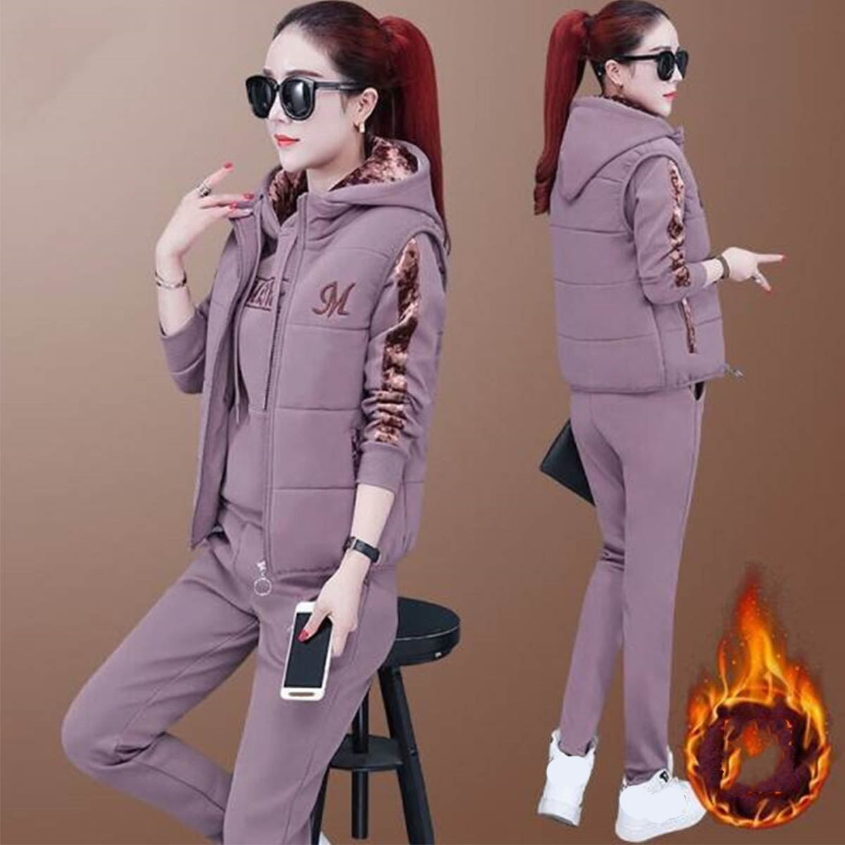 🔥【Hlače + pulover + telovnik】Nov stil ženskega toplega žametnega kombinezona za šport in prosti čas