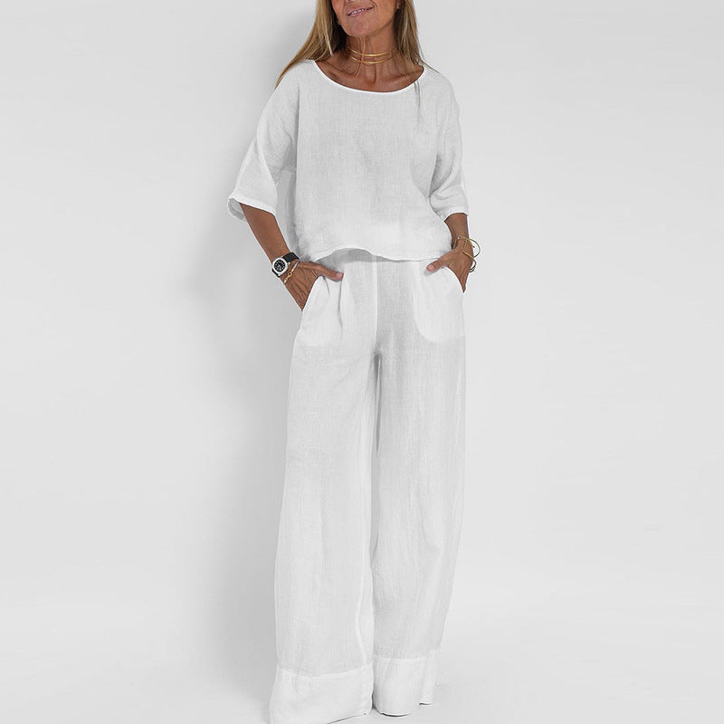 【S-5XL】Novi ženski ležerni komplet širokog kroja od pamuka i lana, plus size [topić s okruglim izrezom + ležerne hlače]