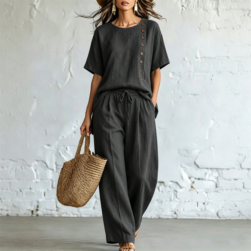 🎨 Ofertă limitată în timp👖👚 【Set tricou + pantaloni largi】Set modern casual, confecționat din bumbac și in, confortabil și respirabil.