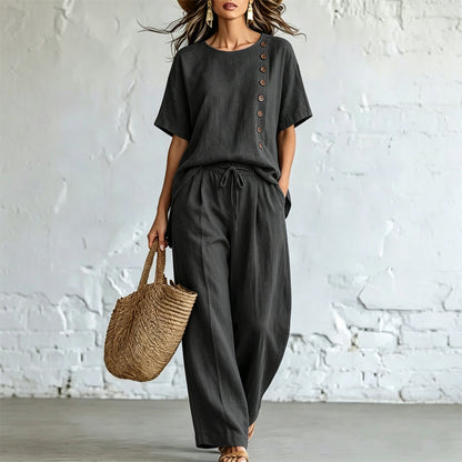 🎨 Ofertă limitată în timp👖👚 【Set tricou + pantaloni largi】Set modern casual, confecționat din bumbac și in, confortabil și respirabil.