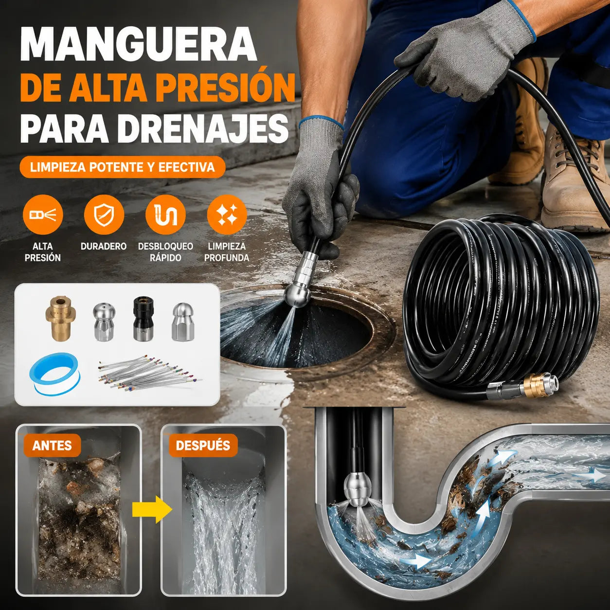 Herramienta de limpieza con chorro de agua a alta presión 🚰 Limpiador de basura para baño/cocina 🧹 Liberación rápida, resistente a alta presión, a prueba de fugas