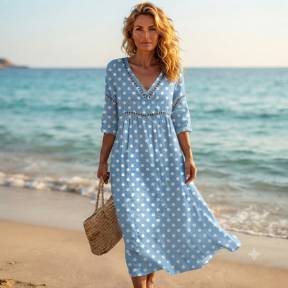 👗【S-3XL】Ženska duga haljina od pamuka i lana s printom - ljetni stil, V-izrez