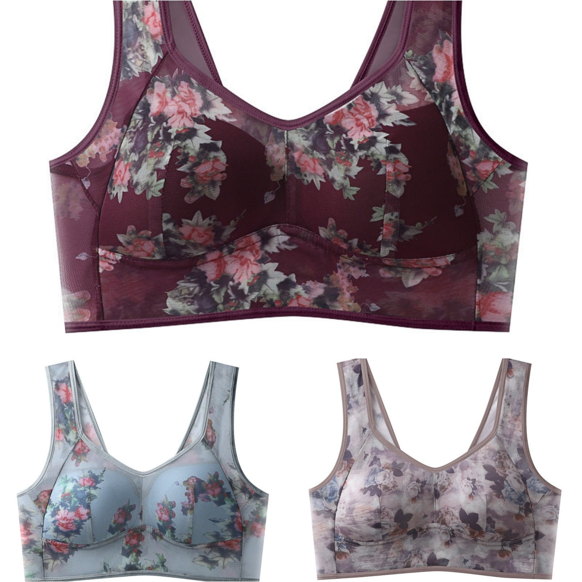 💥【Balení 3 ks】Plus Size podprsenka s potiskem a bez kostic, vysoce kvalitní push-up - lehká a prodyšná síťovina, pohodlná a stylová