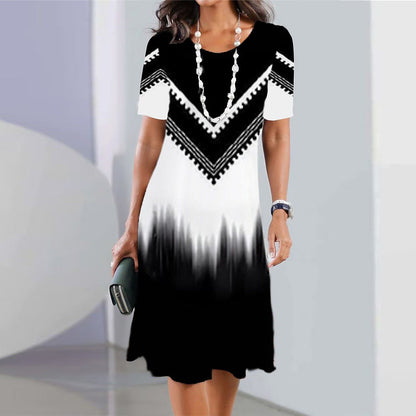 👗【XS-5XL】Vestido sencillo y elegante de mujer con cuello redondo y estampado digital