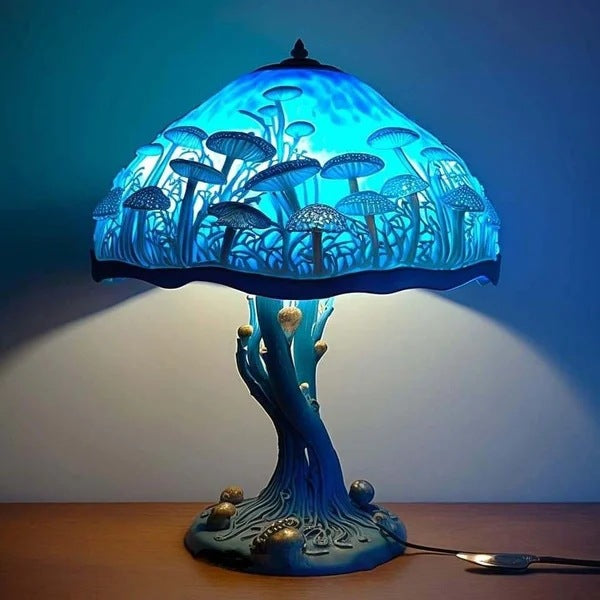 🍄Stolní lampa ve tvaru houby, vitráž s rostlinnou tematikou, retro noční lampa, vyrobená z barevné pryskyřice.