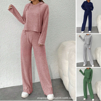 📢📢Sleva 50% 😍【40-90KG】Dámský dvoudílný pletený top s kapucí a kalhoty se širokými kalhotami