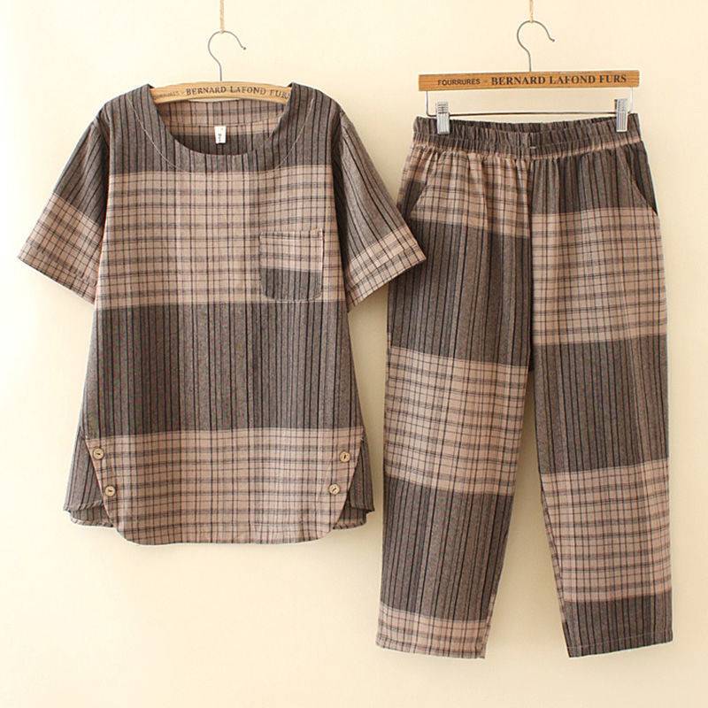 💖【M-4XL】【Topuri + Pantaloni】Set de pantaloni și tricou din bumbac carouri de mărime mare cazual