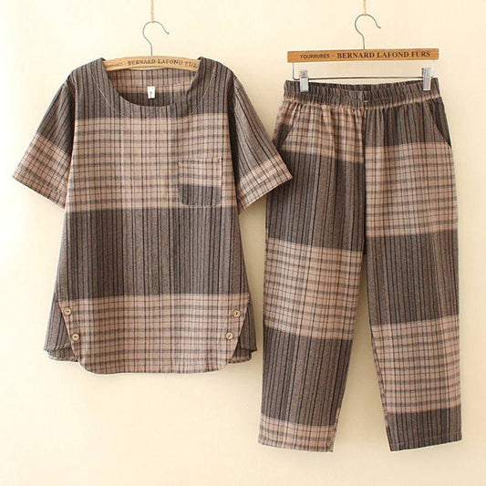 💖【M-4XL】【Topuri + Pantaloni】Set de pantaloni și tricou din bumbac carouri de mărime mare cazual