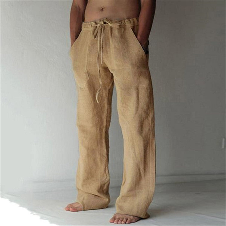 💥【S-5XL】Nowe męskie solidne kolory bawełna len drawstring luźne spodnie casual
