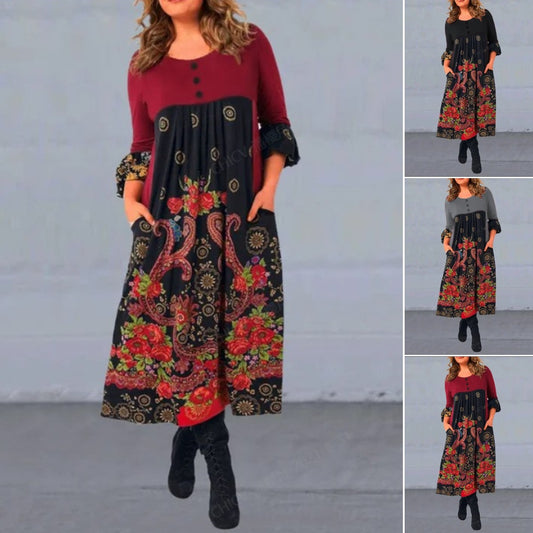 【S-5XL】👗2025 nowa, jesienna i zimowa sukienka na co dzień z długimi rękawami i nadrukiem w stylu retro