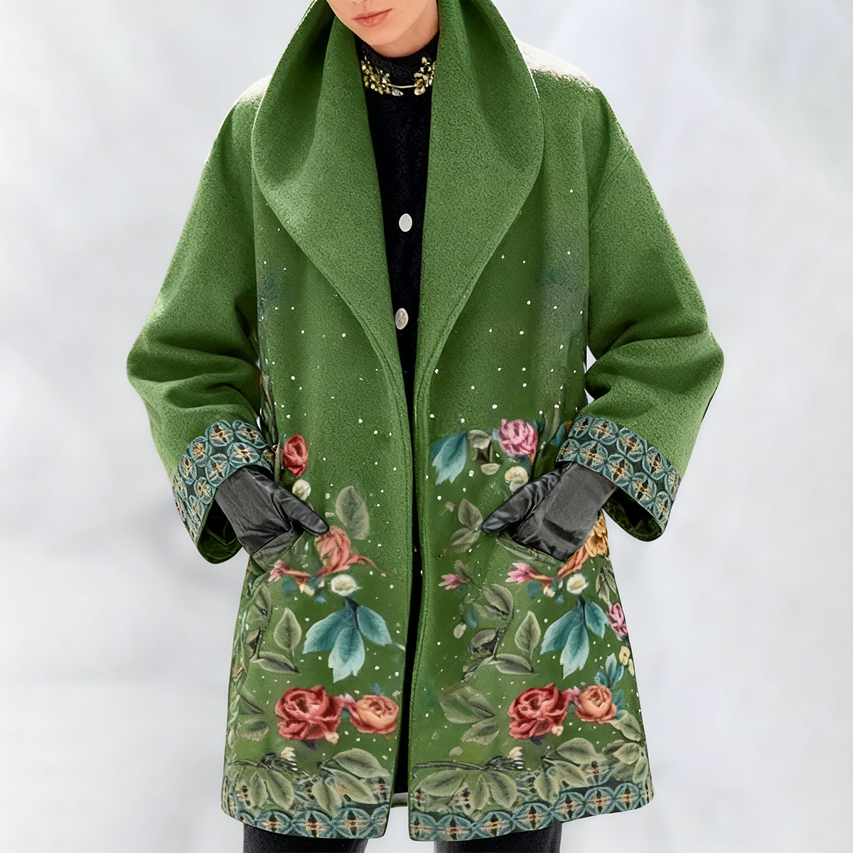 🌿【S-5XL】Wąski wełniany płaszcz z zielonym kołnierzem i klapami z nadrukiem europejskim i amerykańskim