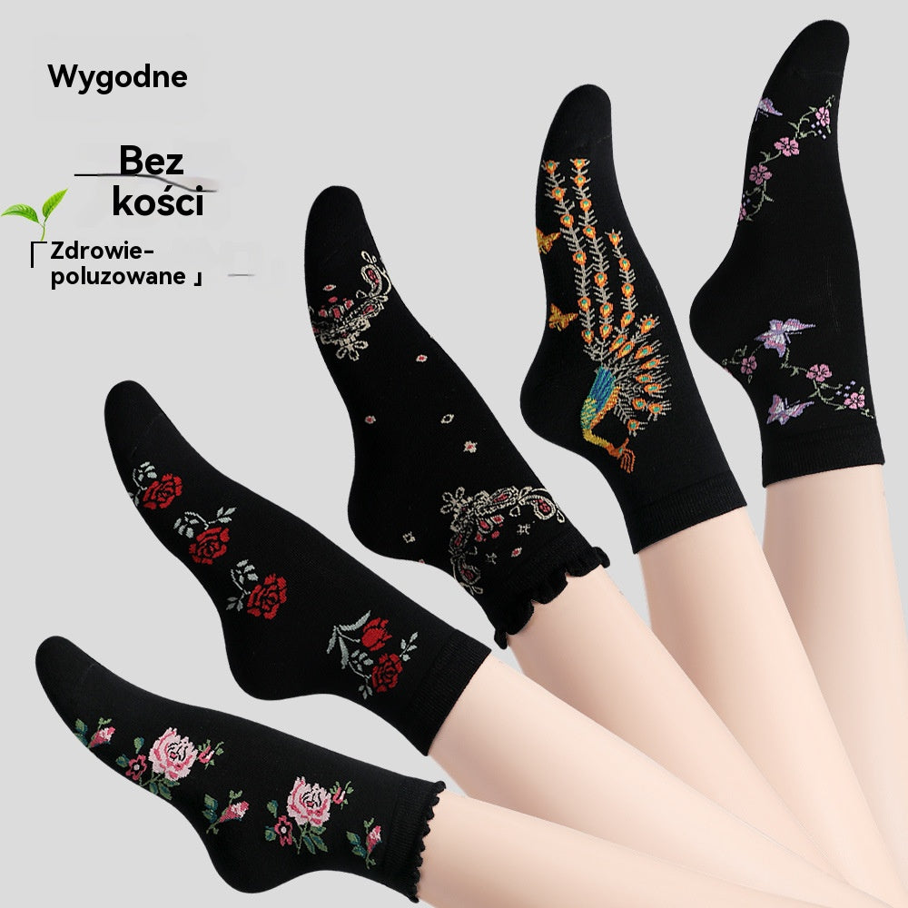 🏆【Kup 5, a 5 dostaniesz gratis】🧦Damskie skarpetki do połowy łydki z koronkowym wzorem w kwiaty, uniwersalne i pochłaniające pot.