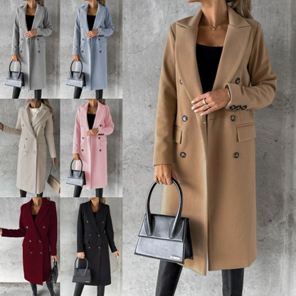 😀【S-3XL】Jesen i zima, novi ženski jednobojni kaput s dvostrukim kopčanjem, dugih rukava i preklopa, uski kaput, kaput