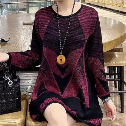 😍【L-6XL】Nowy sweter damski na jesień/zimę z okrągłym dekoltem i luźnym dzianinowym wzorem geometrycznym