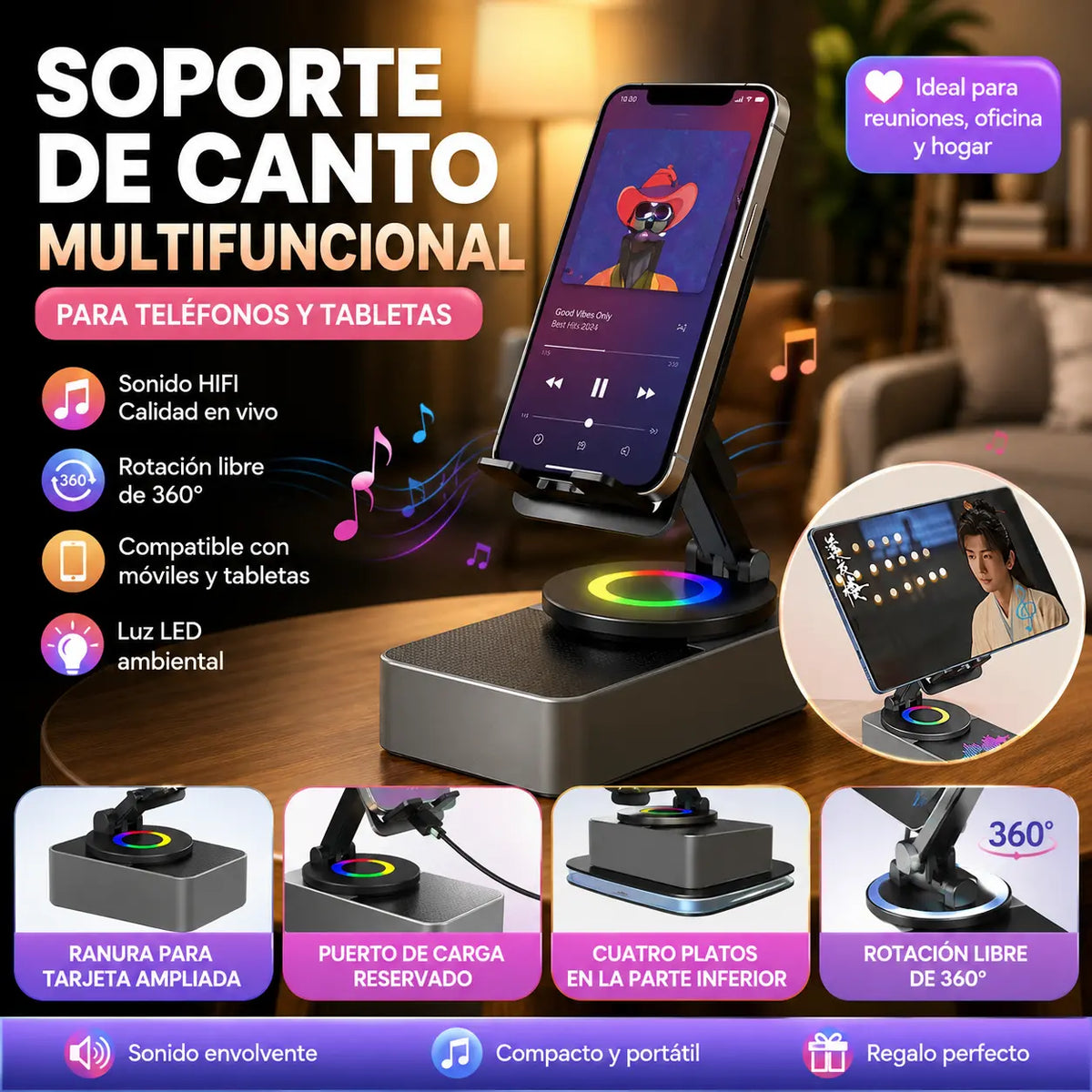 🔥 4 en 1: Altavoz Bluetooth + Cargador + Soporte 360° para Móvil 📱🔊⚡