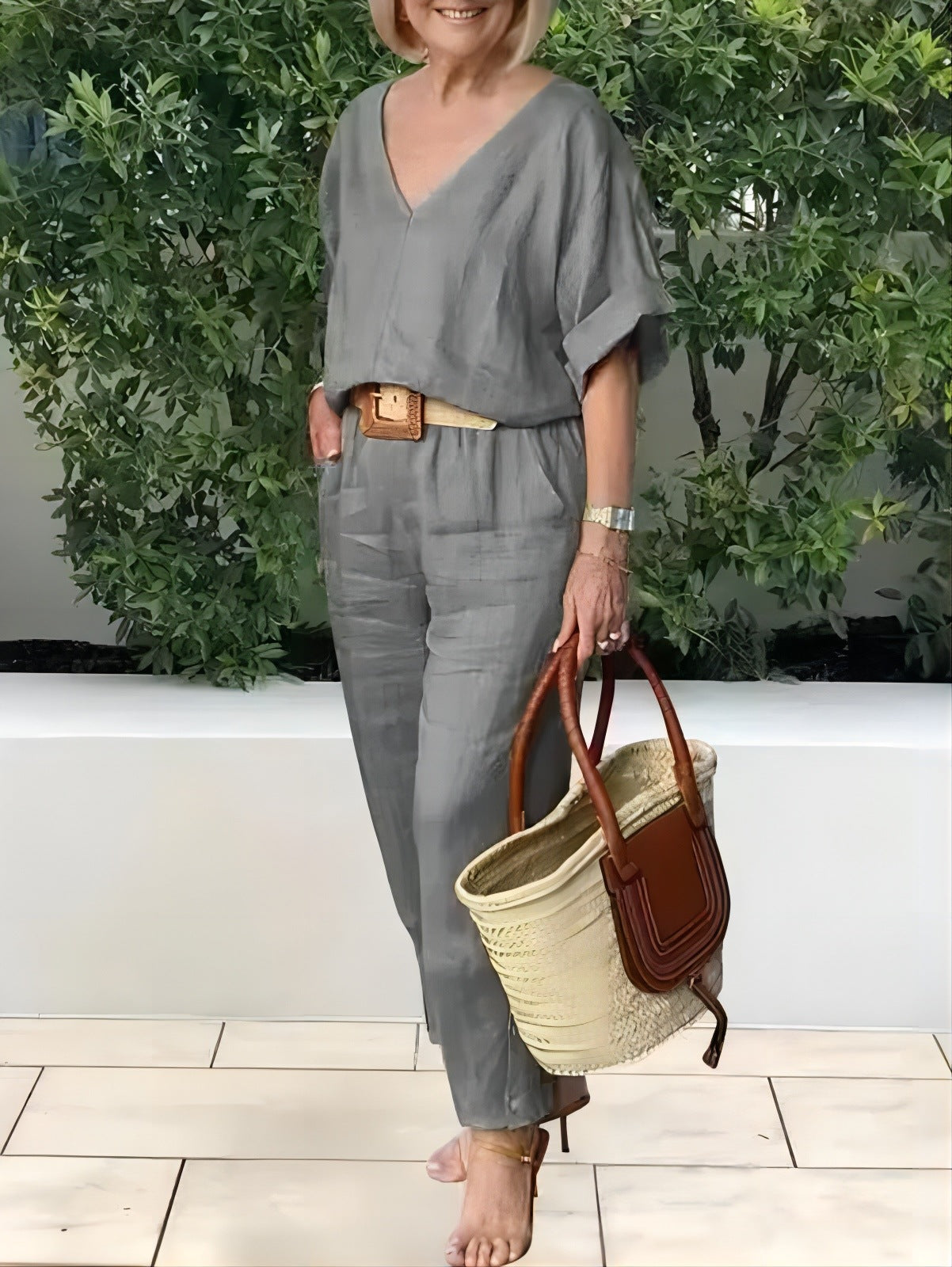 【S-5XL】Elegantni ženski set od lana i pamuka: široka bluza s V-izrezom i duge hlače, mekan, prozračan i hladan materijal