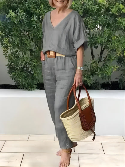 【S-5XL】Elegantni ženski set od lana i pamuka: široka bluza s V-izrezom i duge hlače, mekan, prozračan i hladan materijal
