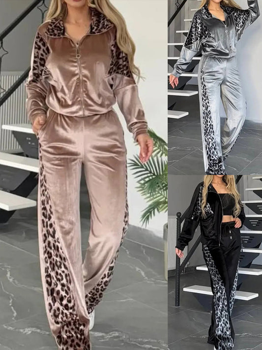 💥 RASPRODAJA ⏰ Komplet: bluza s leopard printom i kontrastne hlače za žene (jakna + hlače)