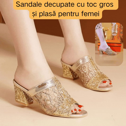 👡【35-40】Sandale decupate cu toc gros și plasă pentru femei