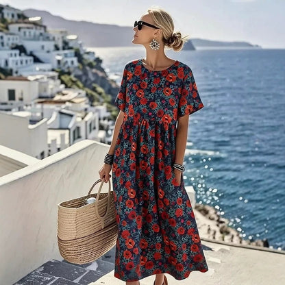 👗【S-4XL】Ležerna haljina s printom za ljeto 2026., okruglim izrezom, s džepovima, plaćanje pouzećem.