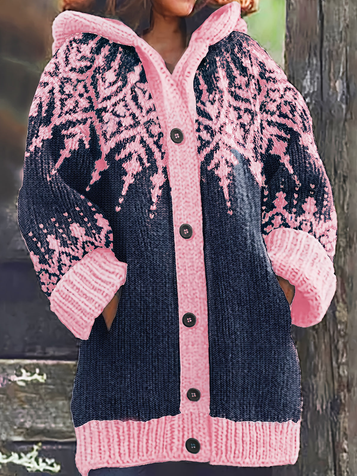 ⛄【S~5XL】❄Elegancka kurtka z kapturem w stylu retro z motywem płatków śniegu i blokami kolorów