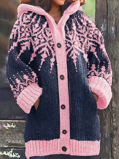 ⛄【S~5XL】❄Elegancka kurtka z kapturem w stylu retro z motywem płatków śniegu i blokami kolorów