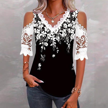 🌸【S-2XL】Elegantna čipkasta majica kratkih rukava s otvorenim ramenima i patchwork printom