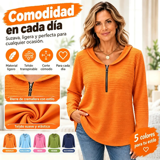 ✨【S-5XL】Top de mujer en color liso con elegante tejido plisado, cuello tipo Peter Pan, cierre de cremallera y ajuste clásico en los hombros.