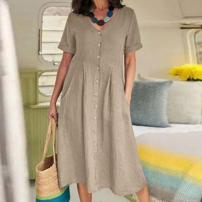 👗【S-5XL】Nova lanena haljina visokog struka, jednobojna, dizajn s džepovima