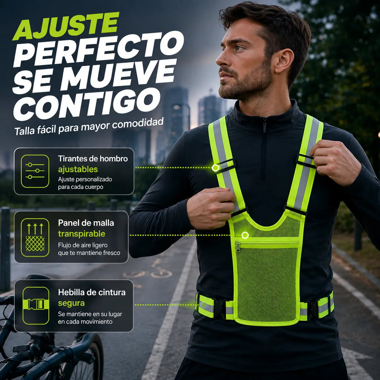 【🔥2 piezas】Chaleco reflectante de alta visibilidad, ajustable, con bolsillos, equipamiento seguro para correr.