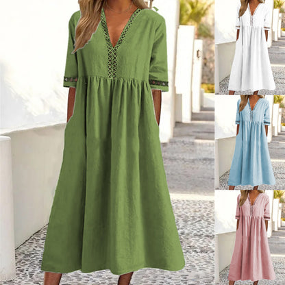👩‍🌾👗【Ljetni popust na nove proizvode -50%🔥】【S-3XL】😍Proljetna i ljetna haljina s kratkim rukavima, čipkastim V-izrezom